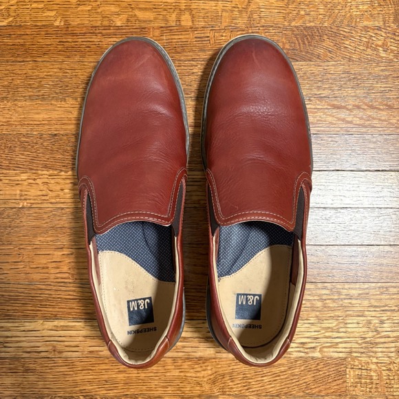 J&M Mens 11.5M Brown Leather Slip On Loafers Sheepskin Casual Comfort Shoes - Picture 1 of 8